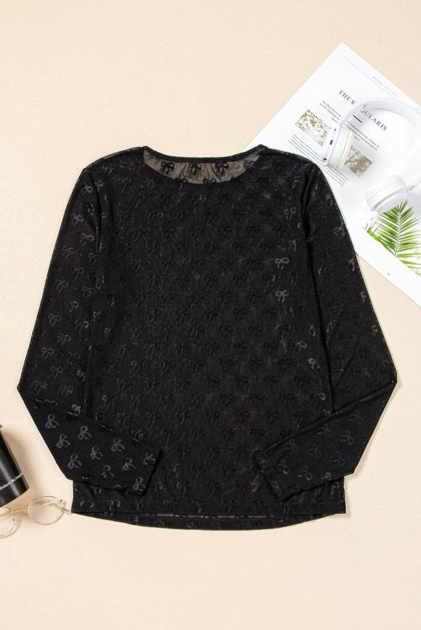 Long Sleeve Tops | Black Bow Pattern Long Sleeve Slim Fit Mesh Top - Women - Image 5
