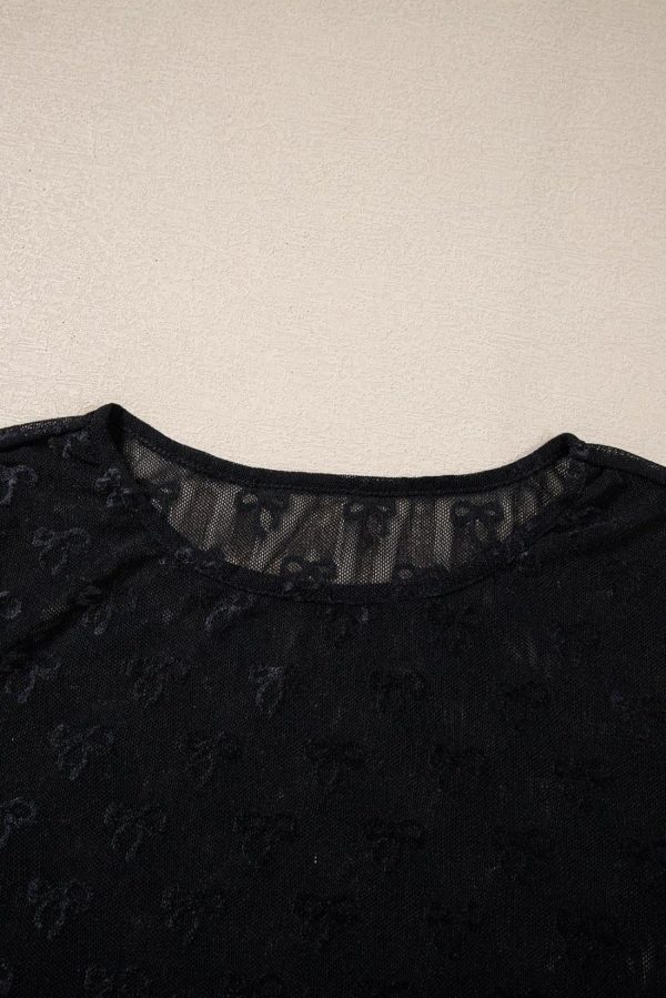 Long Sleeve Tops | Black Bow Pattern Long Sleeve Slim Fit Mesh Top - Women - Image 7