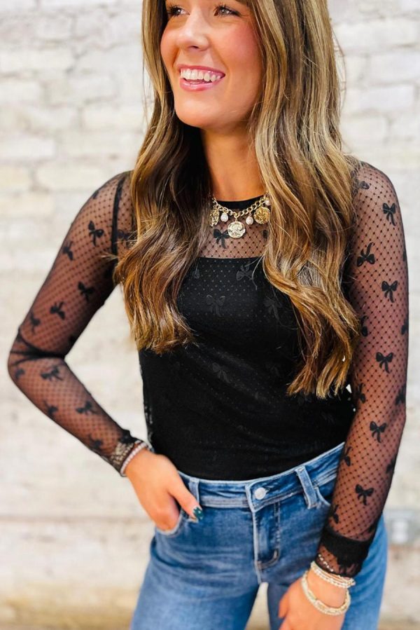 Long Sleeve Tops | Black Dotted Bow Pattern Mesh Long Sleeve Top - Women