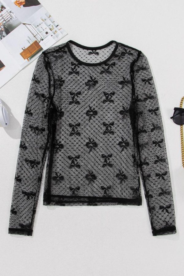 Long Sleeve Tops | Black Dotted Bow Pattern Mesh Long Sleeve Top - Women - Image 3