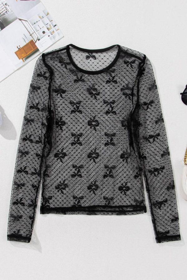 Long Sleeve Tops | Black Dotted Bow Pattern Mesh Long Sleeve Top - Women - Image 4