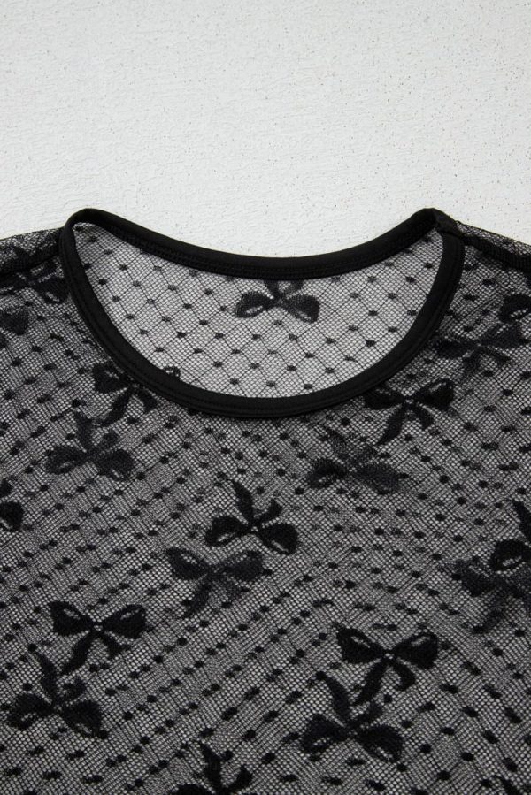 Long Sleeve Tops | Black Dotted Bow Pattern Mesh Long Sleeve Top - Women - Image 5