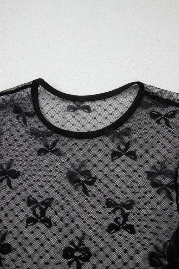 Long Sleeve Tops | Black Dotted Bow Pattern Mesh Long Sleeve Top - Women - Image 6