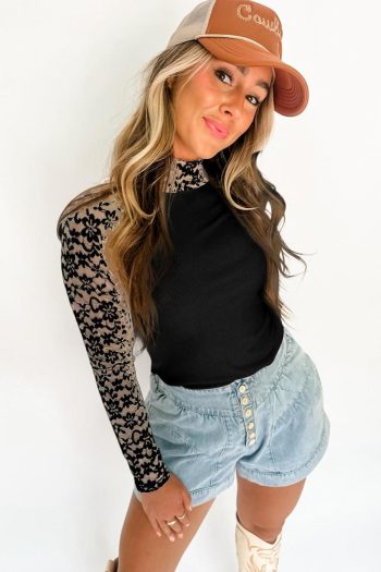 Long Sleeve Tops | Black Floral Lace Patchwork Long Sleeve Slim Top - Women