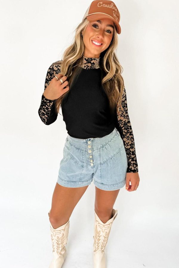 Long Sleeve Tops | Black Floral Lace Patchwork Long Sleeve Slim Top - Women - Image 2