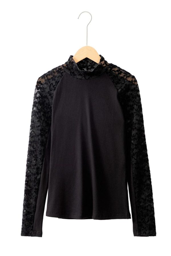 Long Sleeve Tops | Black Floral Lace Patchwork Long Sleeve Slim Top - Women - Image 3