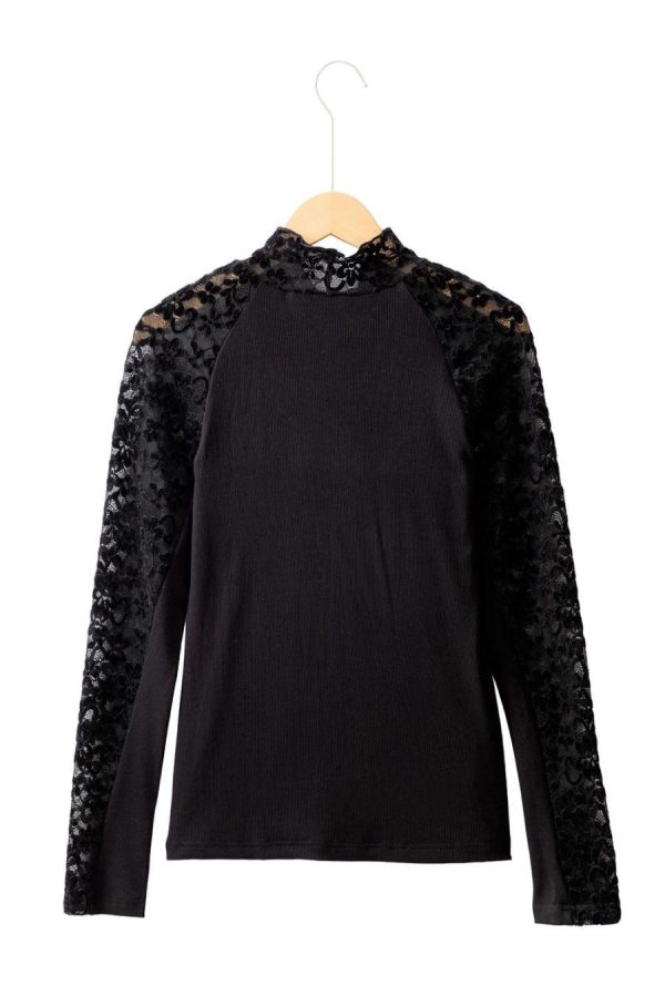 Long Sleeve Tops | Black Floral Lace Patchwork Long Sleeve Slim Top - Women - Image 4