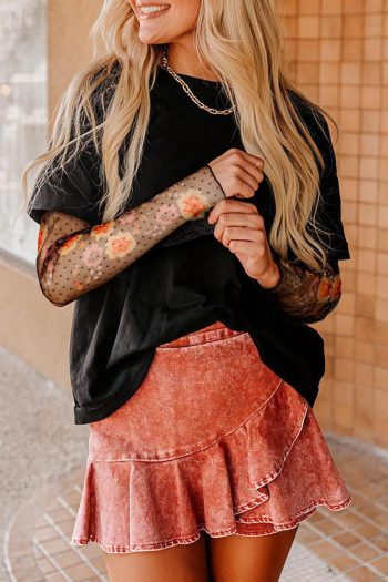 Long Sleeve Tops | Black Floral Mesh Sleeve Fake Two-Piece Top - Women