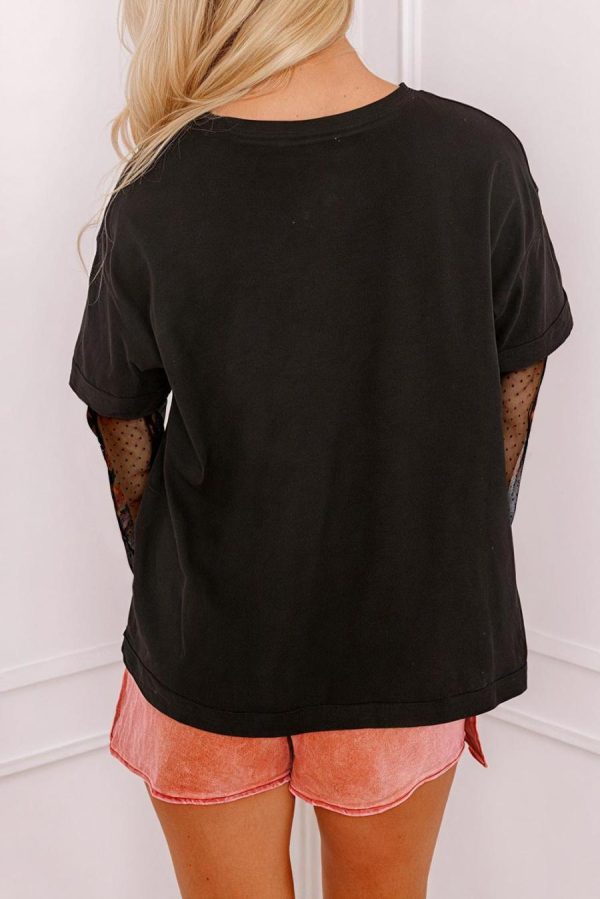 Long Sleeve Tops | Black Floral Mesh Sleeve Fake Two-Piece Top - Women - Image 2