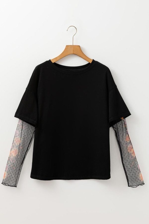 Long Sleeve Tops | Black Floral Mesh Sleeve Fake Two-Piece Top - Women - Image 3