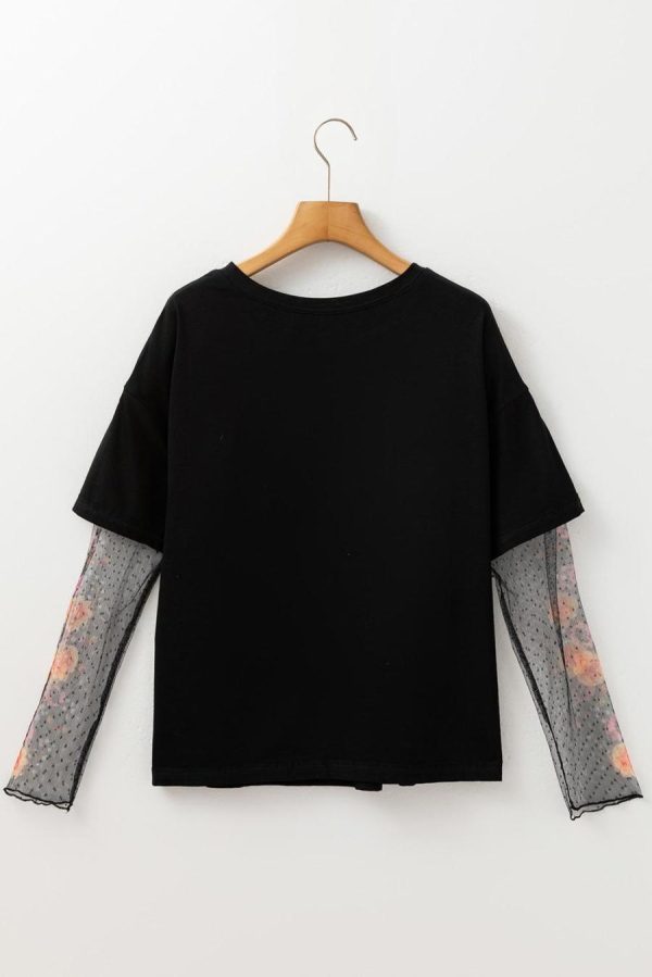 Long Sleeve Tops | Black Floral Mesh Sleeve Fake Two-Piece Top - Women - Image 4