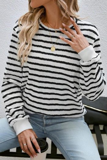 Long Sleeve Tops | Black Stripe Round Neck Casual Long Sleeve Top - Women