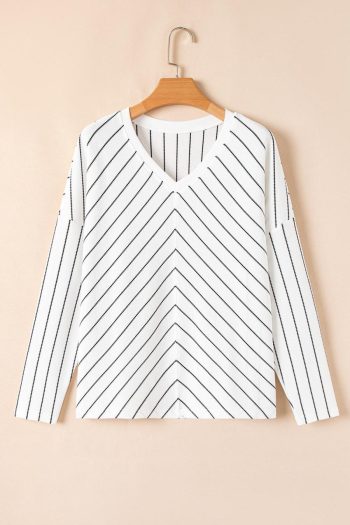 Long Sleeve Tops | Black Stripe V Neck Long Sleeve Waffle Knit Top - Women