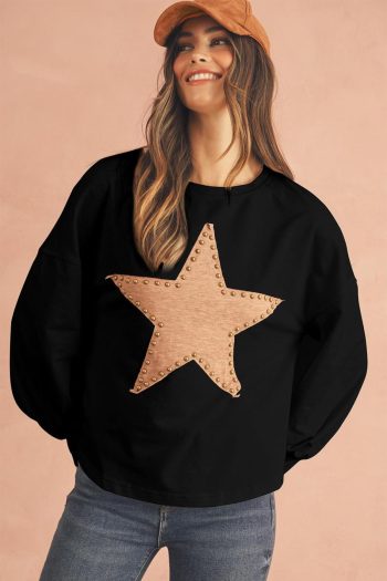 Long Sleeve Tops | Black Studded Star Graphic Oversized Top - Women