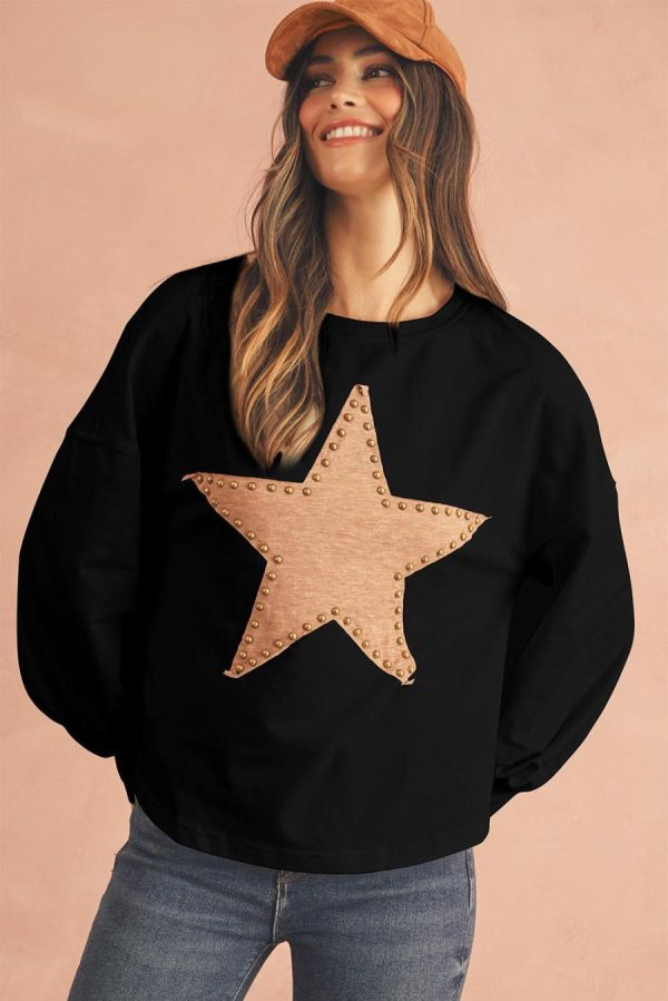 Long Sleeve Tops | Black Studded Star Graphic Oversized Top - Women