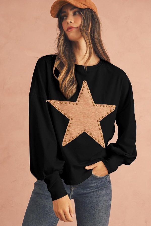 Long Sleeve Tops | Black Studded Star Graphic Oversized Top - Women - Image 2