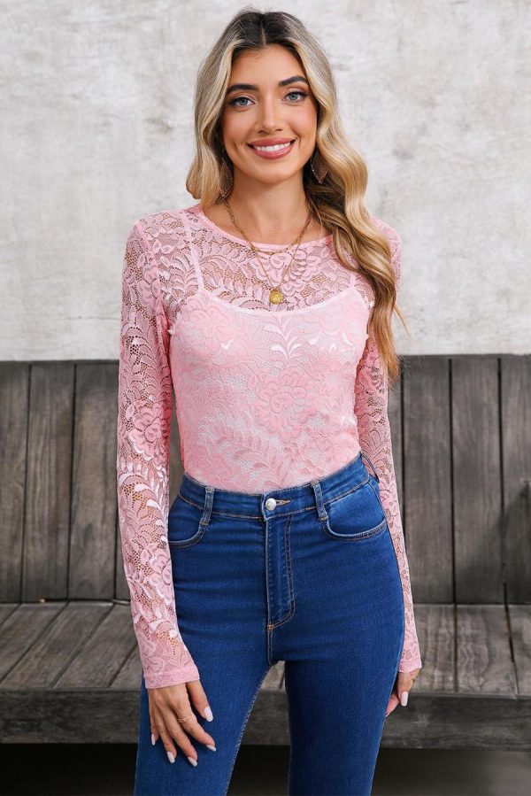 Long Sleeve Tops | Blossom Floral Lace Sheer Long Sleeve Top - Women