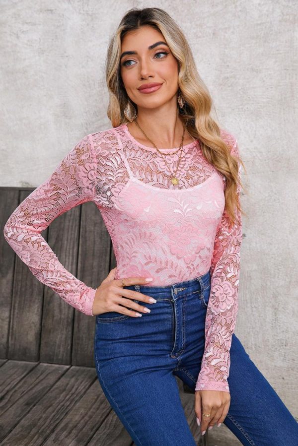 Long Sleeve Tops | Blossom Floral Lace Sheer Long Sleeve Top - Women - Image 4
