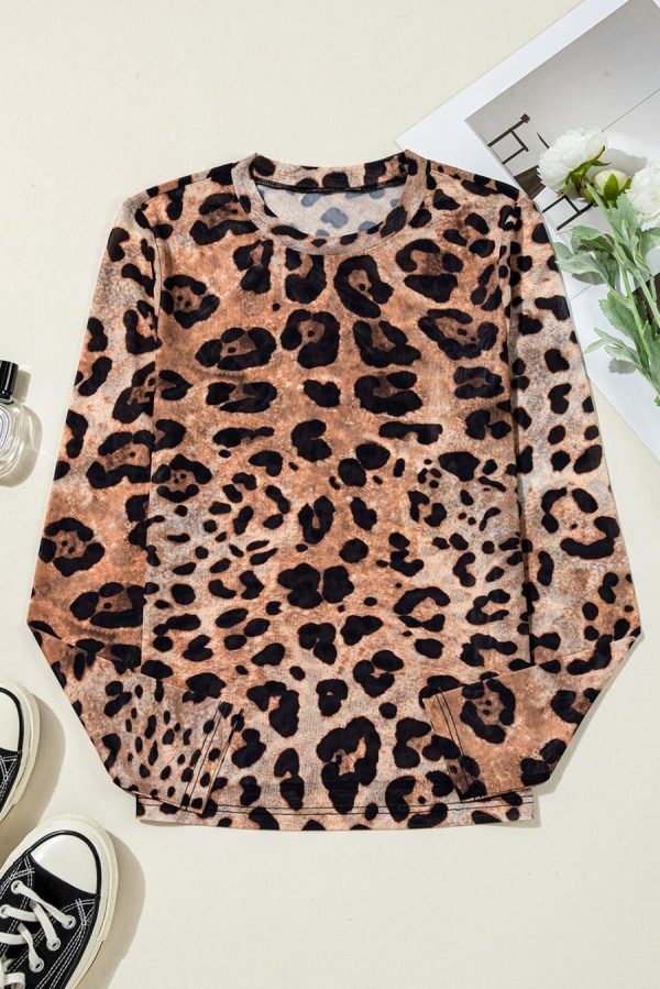 Long Sleeve Tops | Brown Allover Leopard Round Neck Long Sleeve Slim Top - Women - Image 2