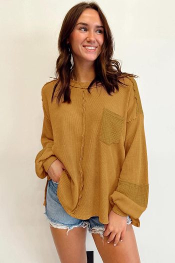 Long Sleeve Tops | Brown Waffle Crinkle Patchwork Long Sleeve Top - Women
