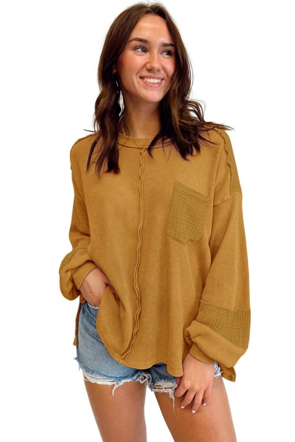 Long Sleeve Tops | Brown Waffle Crinkle Patchwork Long Sleeve Top - Women - Image 2