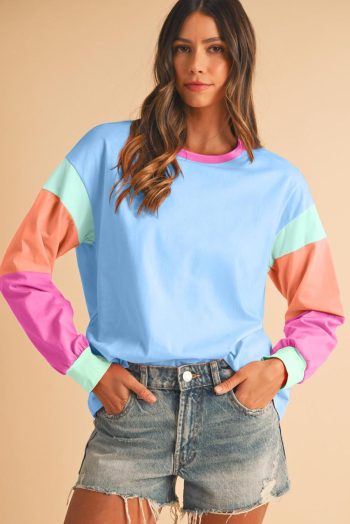 Long Sleeve Tops | Dark Blue Color Block Sleeve Loose Fit Top - Women