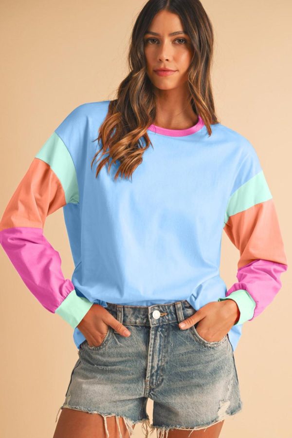 Long Sleeve Tops | Dark Blue Color Block Sleeve Loose Fit Top - Women