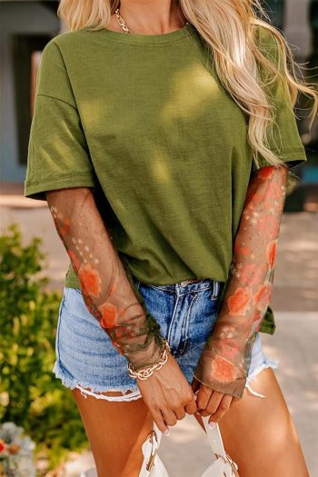 Long Sleeve Tops | Fern Green Floral Mesh Patchwork Sleeve Crewneck Top - Women