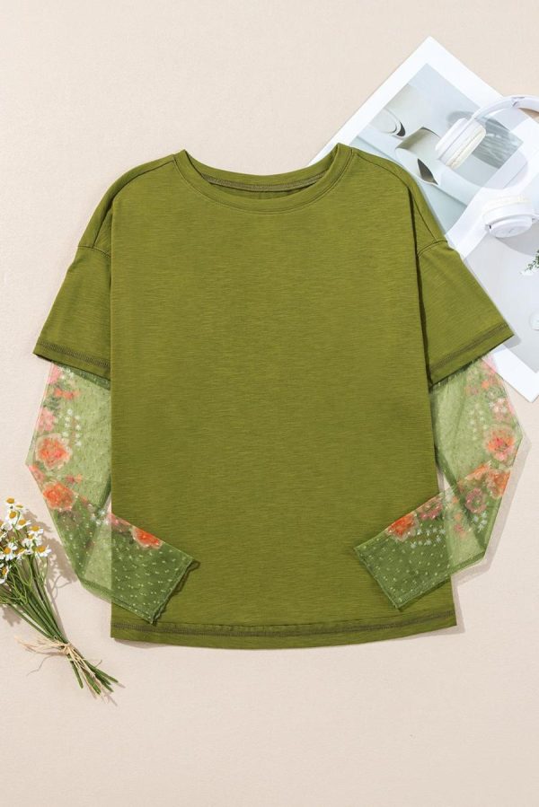 Long Sleeve Tops | Fern Green Floral Mesh Patchwork Sleeve Crewneck Top - Women - Image 3