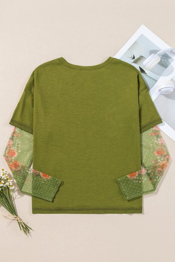 Long Sleeve Tops | Fern Green Floral Mesh Patchwork Sleeve Crewneck Top - Women - Image 4
