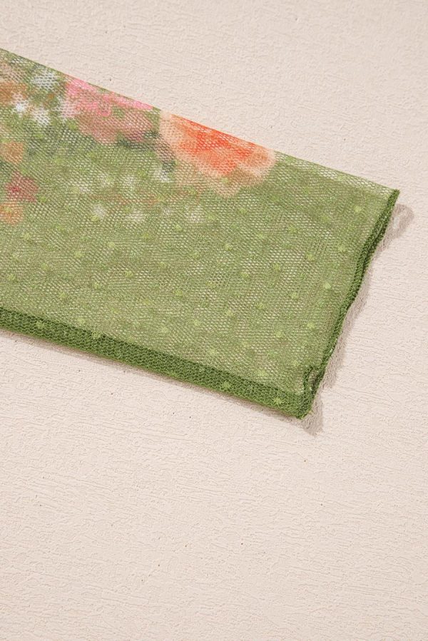 Long Sleeve Tops | Fern Green Floral Mesh Patchwork Sleeve Crewneck Top - Women - Image 7