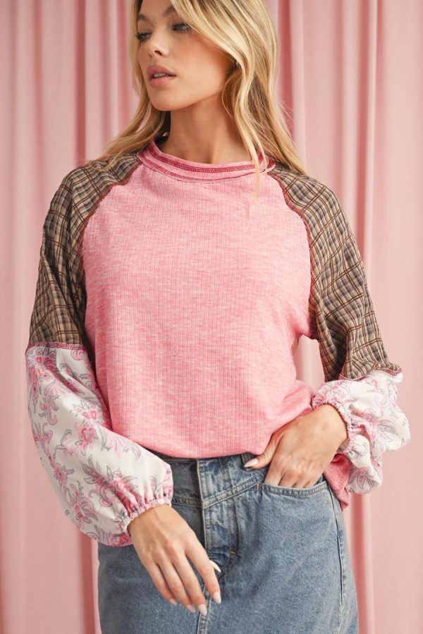 Long Sleeve Tops | Fushia Floral Plaid Mixed Print Patchwork Raglan Ribbed Top - Women - Image 2