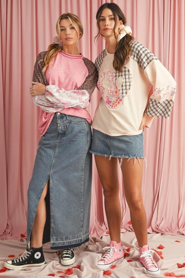 Long Sleeve Tops | Fushia Floral Plaid Mixed Print Patchwork Raglan Ribbed Top - Women - Image 7