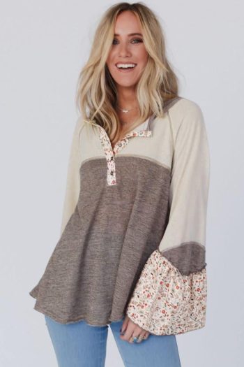 Long Sleeve Tops | Goat Colorblock Floral Patchwork Flared Sleeve Henley Top - Women