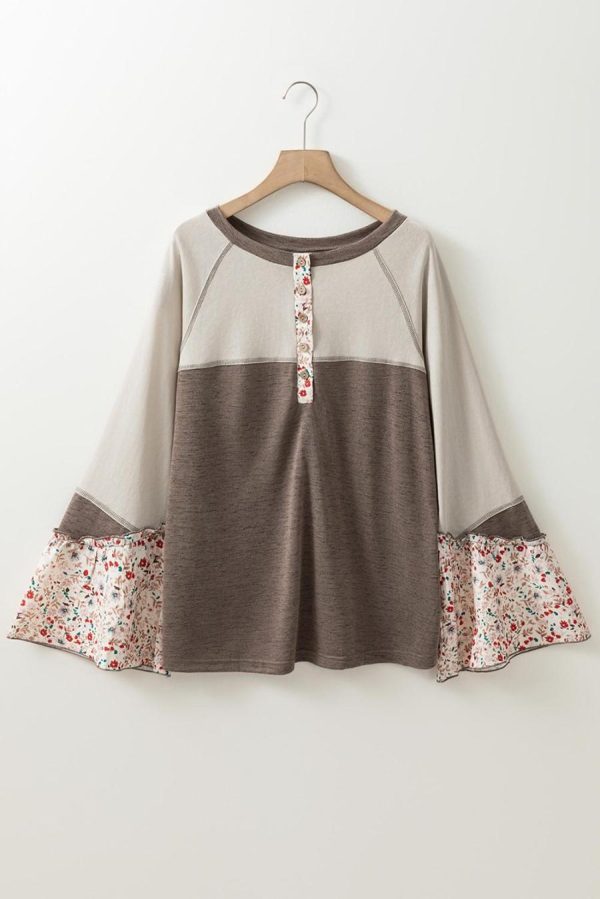 Long Sleeve Tops | Goat Colorblock Floral Patchwork Flared Sleeve Henley Top - Women - Image 2