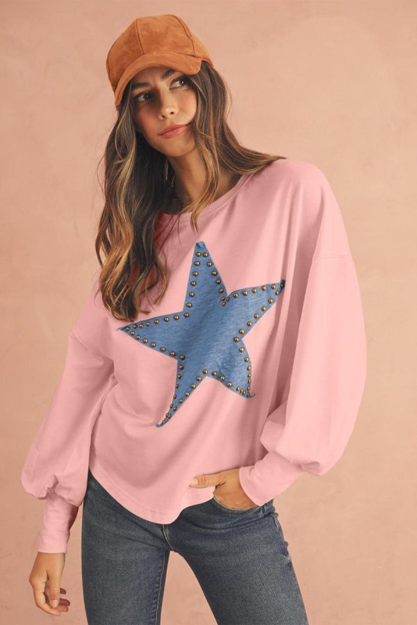 Long Sleeve Tops | Gossamer Pink Studded Star Graphic Oversized Top - Women - Image 3
