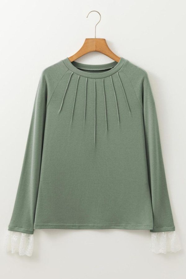 Long Sleeve Tops | Grass Green Seam Detail Lace Contrast Cuffs Raglan Sleeve Top - Women - Image 3