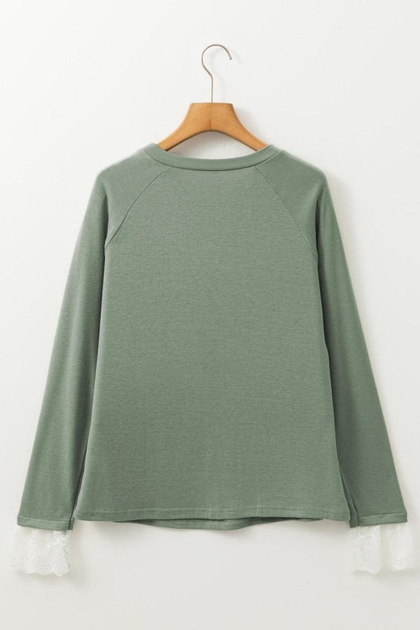 Long Sleeve Tops | Grass Green Seam Detail Lace Contrast Cuffs Raglan Sleeve Top - Women - Image 4