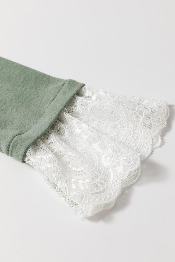 Long Sleeve Tops | Grass Green Seam Detail Lace Contrast Cuffs Raglan Sleeve Top - Women - Image 6