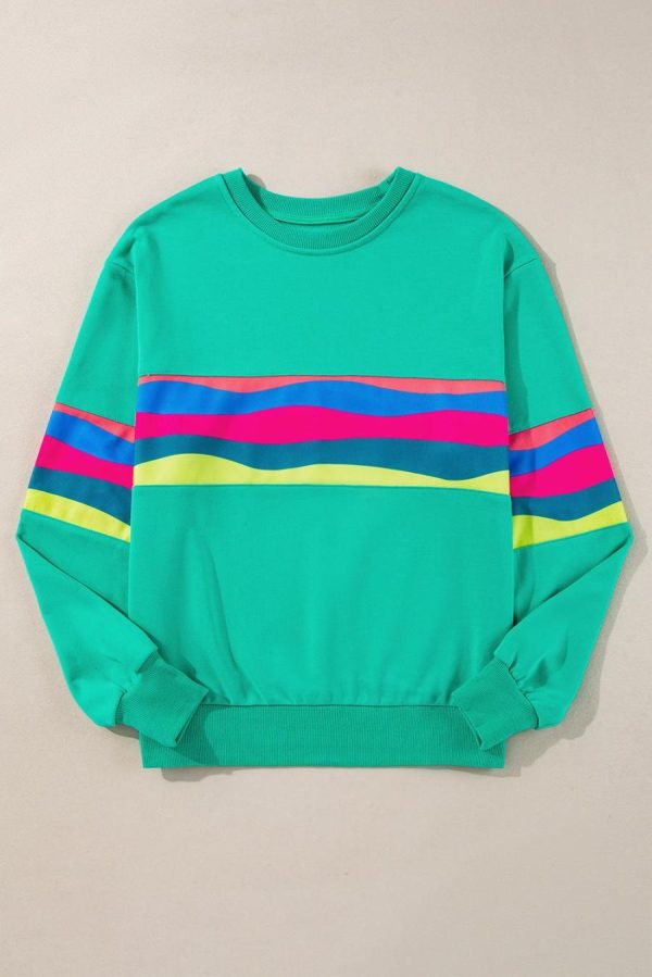 Long Sleeve Tops | Green Colorful Striped Round Neck Long Sleeve Top - Women