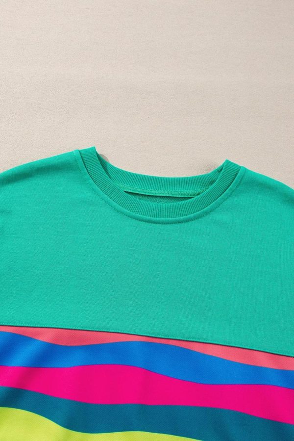 Long Sleeve Tops | Green Colorful Striped Round Neck Long Sleeve Top - Women - Image 3