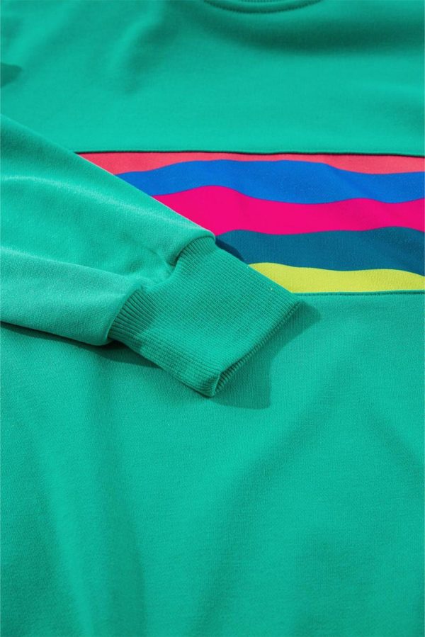 Long Sleeve Tops | Green Colorful Striped Round Neck Long Sleeve Top - Women - Image 4