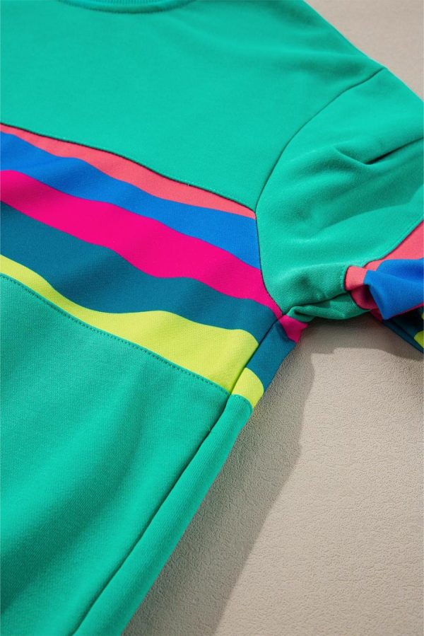 Long Sleeve Tops | Green Colorful Striped Round Neck Long Sleeve Top - Women - Image 6