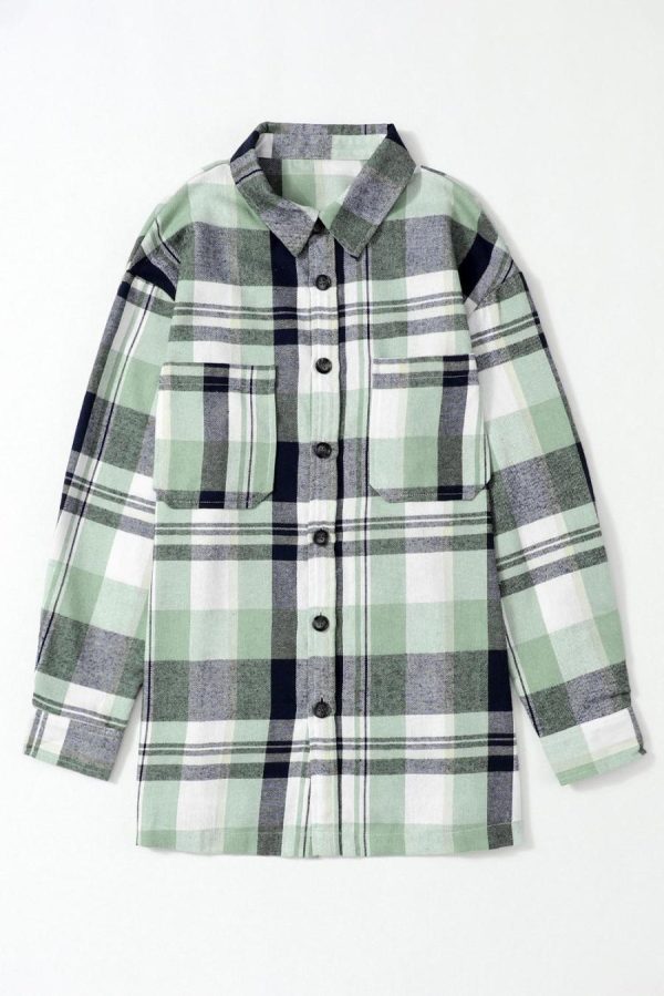 Long Sleeve Tops | Green Long Sleeve Collared Button Up Flannel Shacket - Women - Image 4