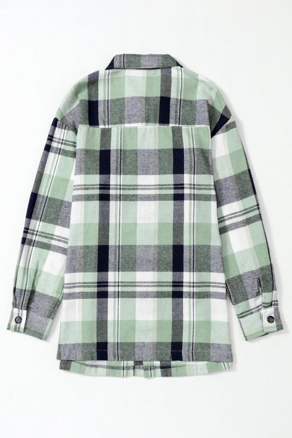 Long Sleeve Tops | Green Long Sleeve Collared Button Up Flannel Shacket - Women - Image 5