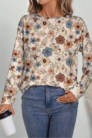 Long Sleeve Tops | Khaki Allover Floral Print Crew Neck Long Sleeve Top - Women