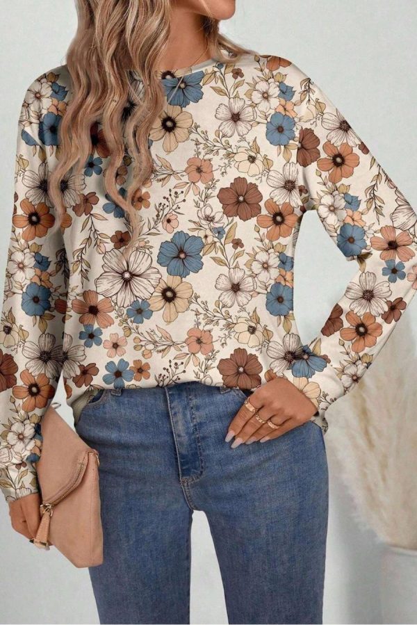Long Sleeve Tops | Khaki Allover Floral Print Crew Neck Long Sleeve Top - Women - Image 2