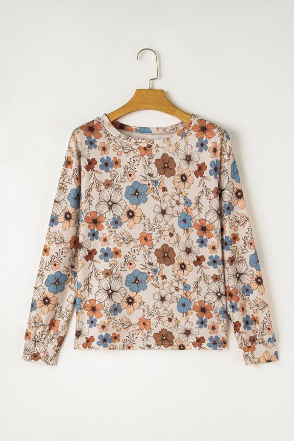 Long Sleeve Tops | Khaki Allover Floral Print Crew Neck Long Sleeve Top - Women - Image 3