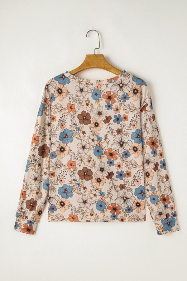 Long Sleeve Tops | Khaki Allover Floral Print Crew Neck Long Sleeve Top - Women - Image 4