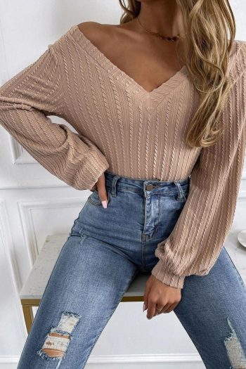 Long Sleeve Tops | Khaki Knitted Jacquard V Neck Lantern Sleeve Top - Women
